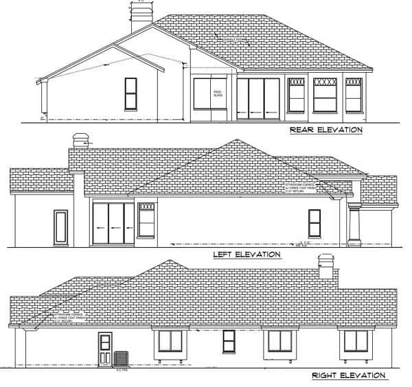 Architectural house plan rear, left, and right elevations showing rooflines, windows, and doorways.