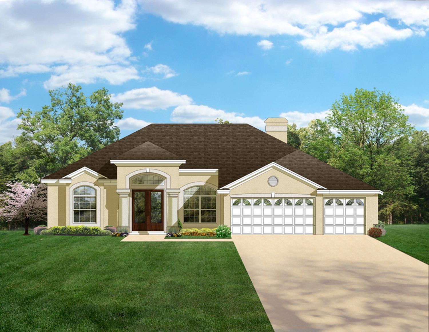 House plan exterior: One-story residence with a prominent central entry, arched windows, and a three-car garage.