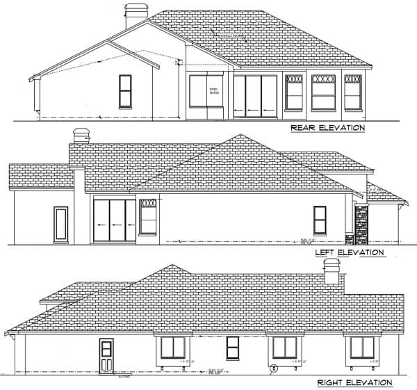 Architectural house plan elevations: front, right, and rear views showing rooflines, windows, doors, and chimney.