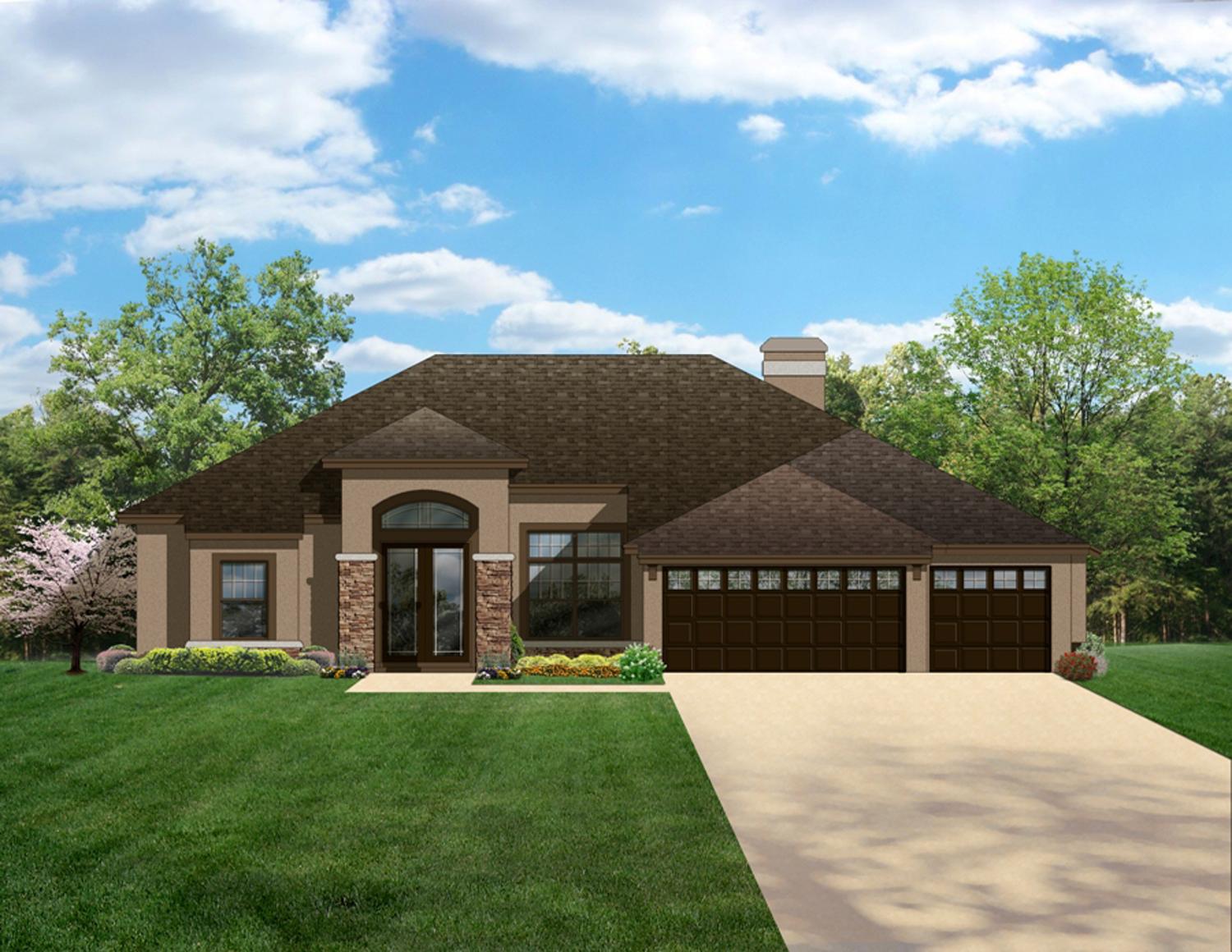 House plan exterior of a one-story home with arched entry, stone accents, and a three-car garage.