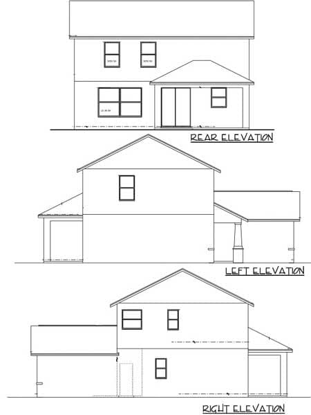 Rear, left, and right elevations of a two-story house plan showing windows, a sliding glass door, and attached garage.