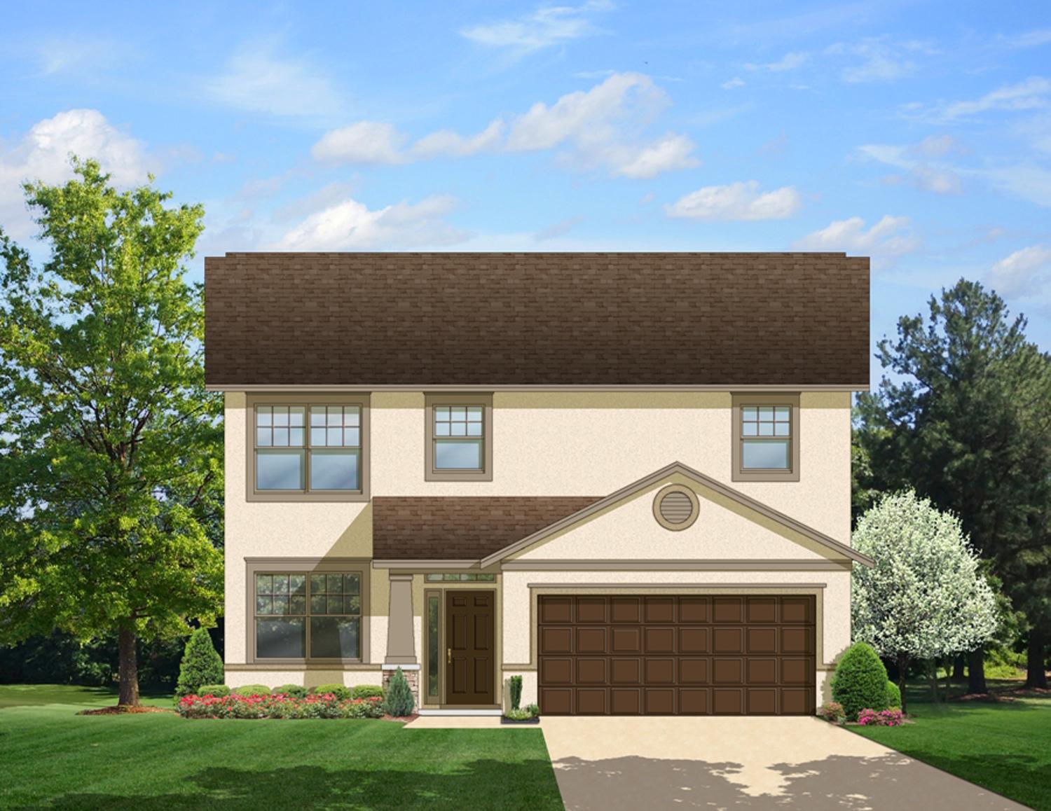 Two-story house plan exterior with a prominent gable over the two-car garage, covered entry, and multi-pane windows.