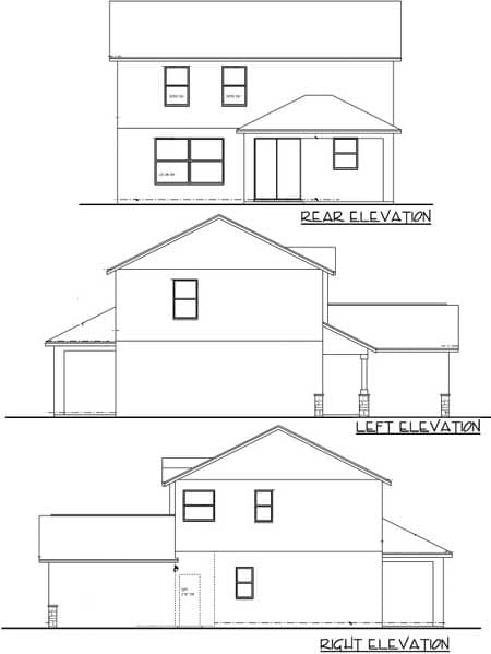 Rear, left, and right elevations of a two-story house plan showing windows, rooflines, and a garage.