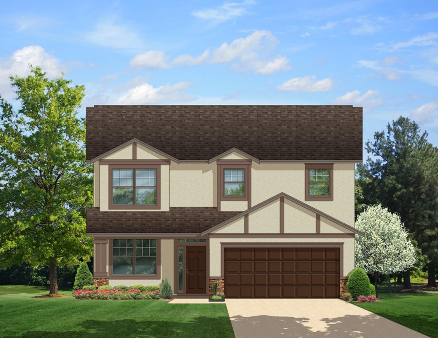 Two-story house plan exterior with a dark shingle roof, dormers, and a side-facing garage.