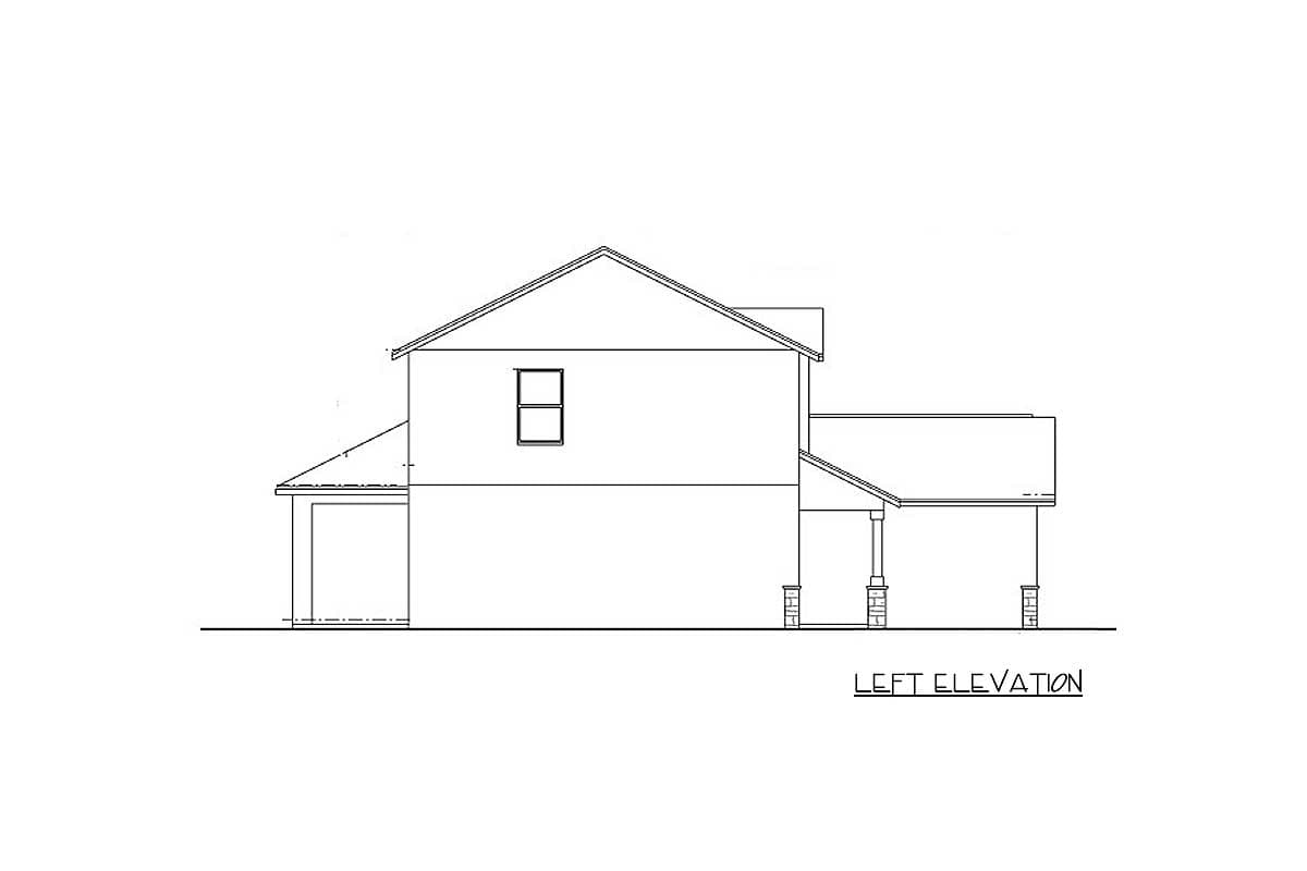 Left elevation drawing of a two-story house plan with attached garage and covered porch with column supports.