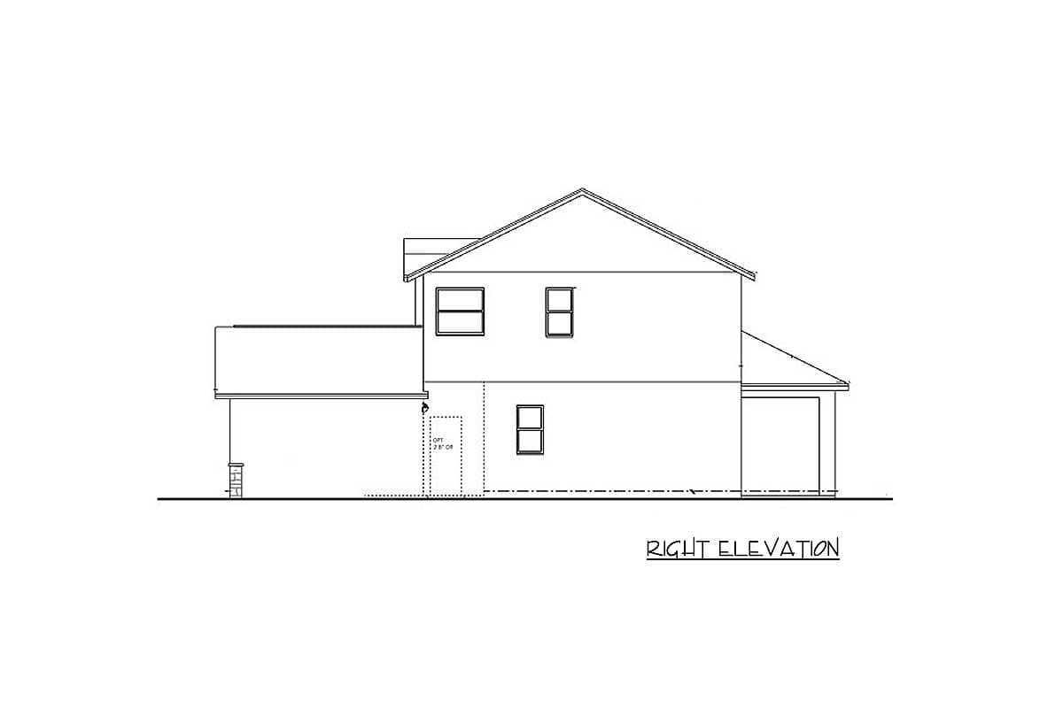 Right elevation house plan drawing showing a two-story structure with a pitched roof, multiple windows, and an attached garage.