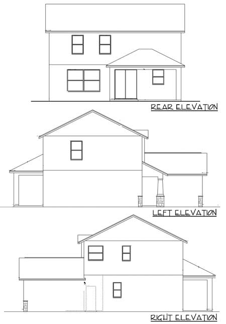 Rear, left, and right elevations of a two-story house plan with a covered rear porch and attached garage.