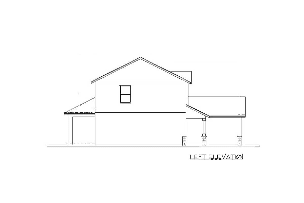 Left elevation house plan drawing showing a two-story home with a gable roof, attached garage, and covered porch.