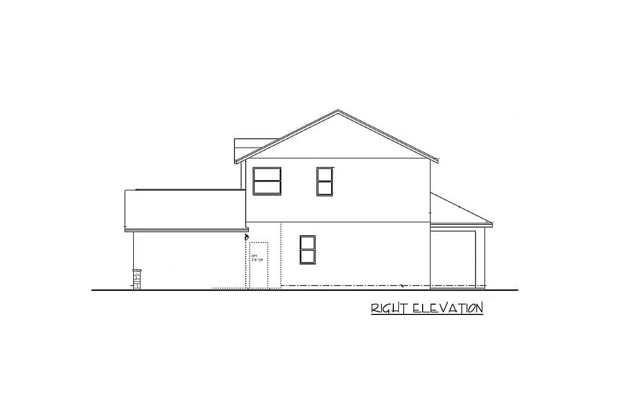 Right elevation drawing of a two-story house plan with a hip roof, garage, and optional door.