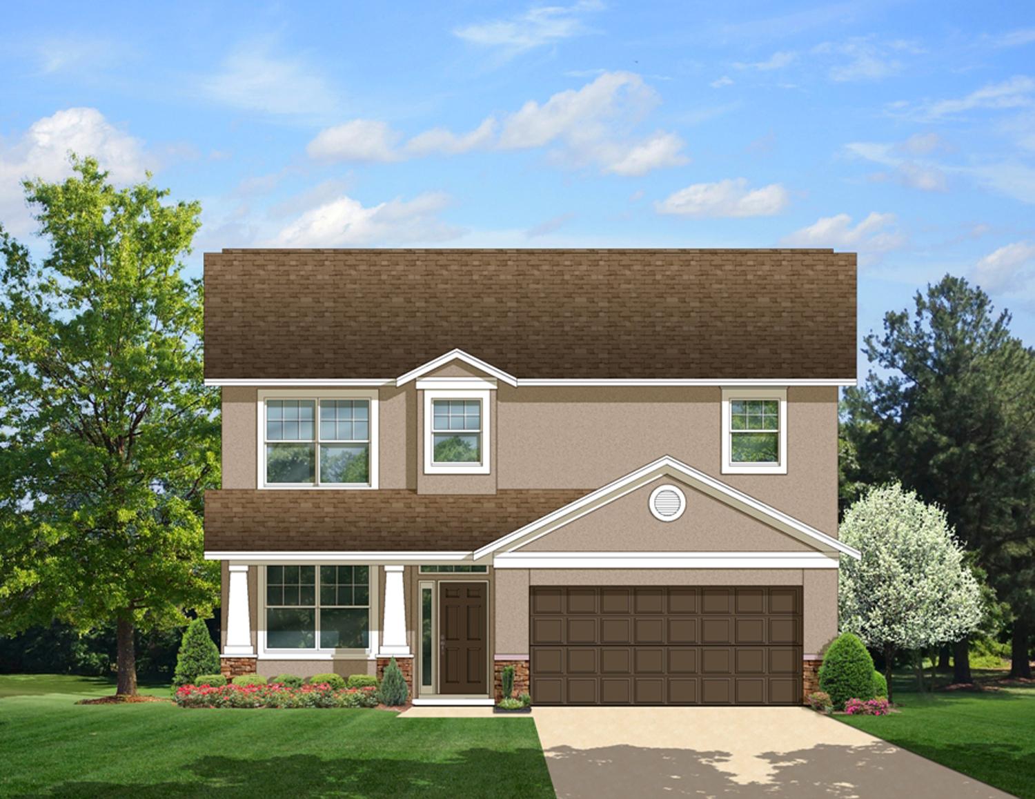 Two-story house plan exterior with a covered front porch, dormer, and a two-car garage.
