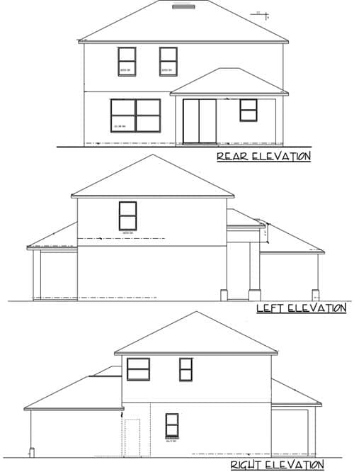 Architectural house plan elevations: rear, left, and right views of a two-story home with a covered rear patio and gabled rooflines.