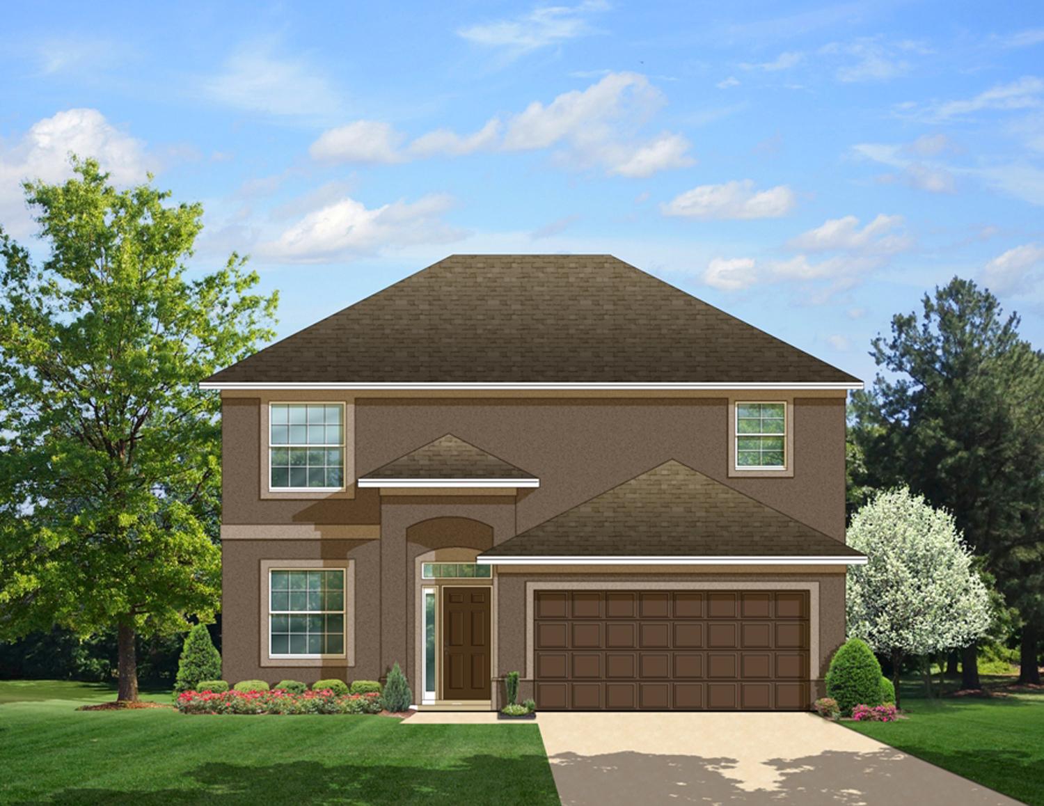 Two-story house plan exterior with arched entry, dual-pane windows, covered front porch, and attached two-car garage.