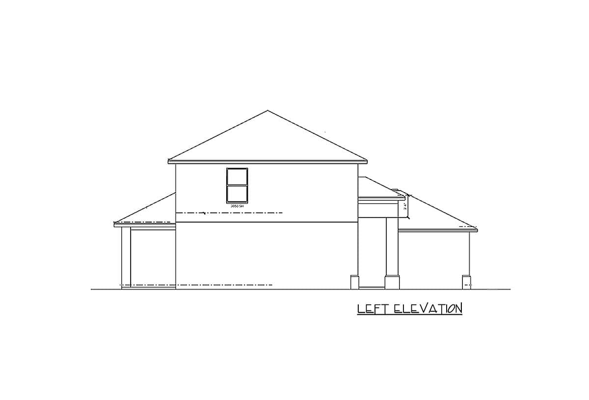Left elevation drawing of a two-story house plan, showing a gable roof, covered porch, and one window.