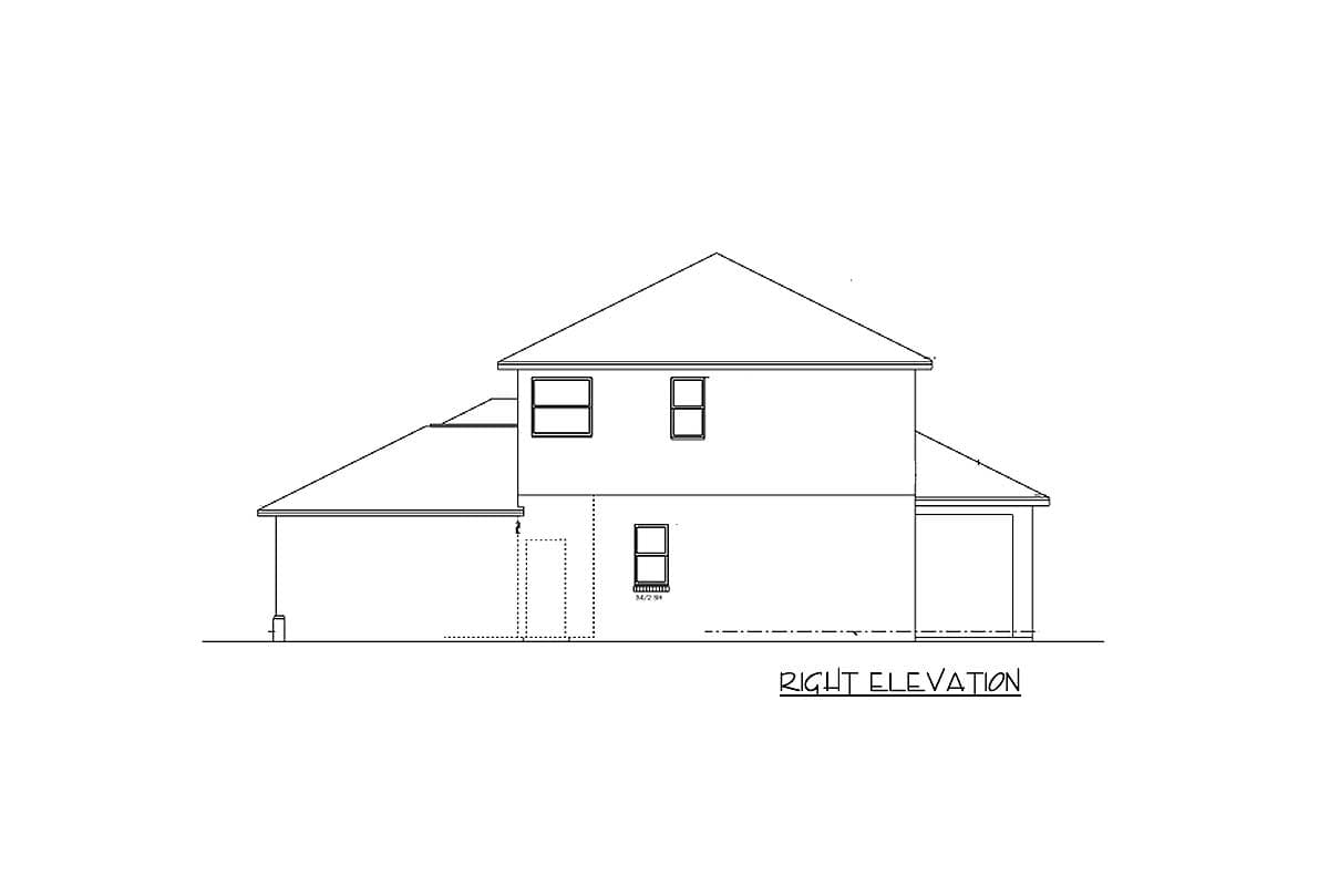 Right elevation drawing of a two-story house plan with a pitched roof, gables, and an attached garage.