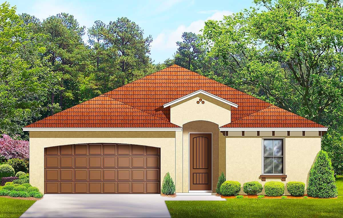 House plan exterior, single-story home with a tiled hip roof, attached garage, arched entry, and a single window.