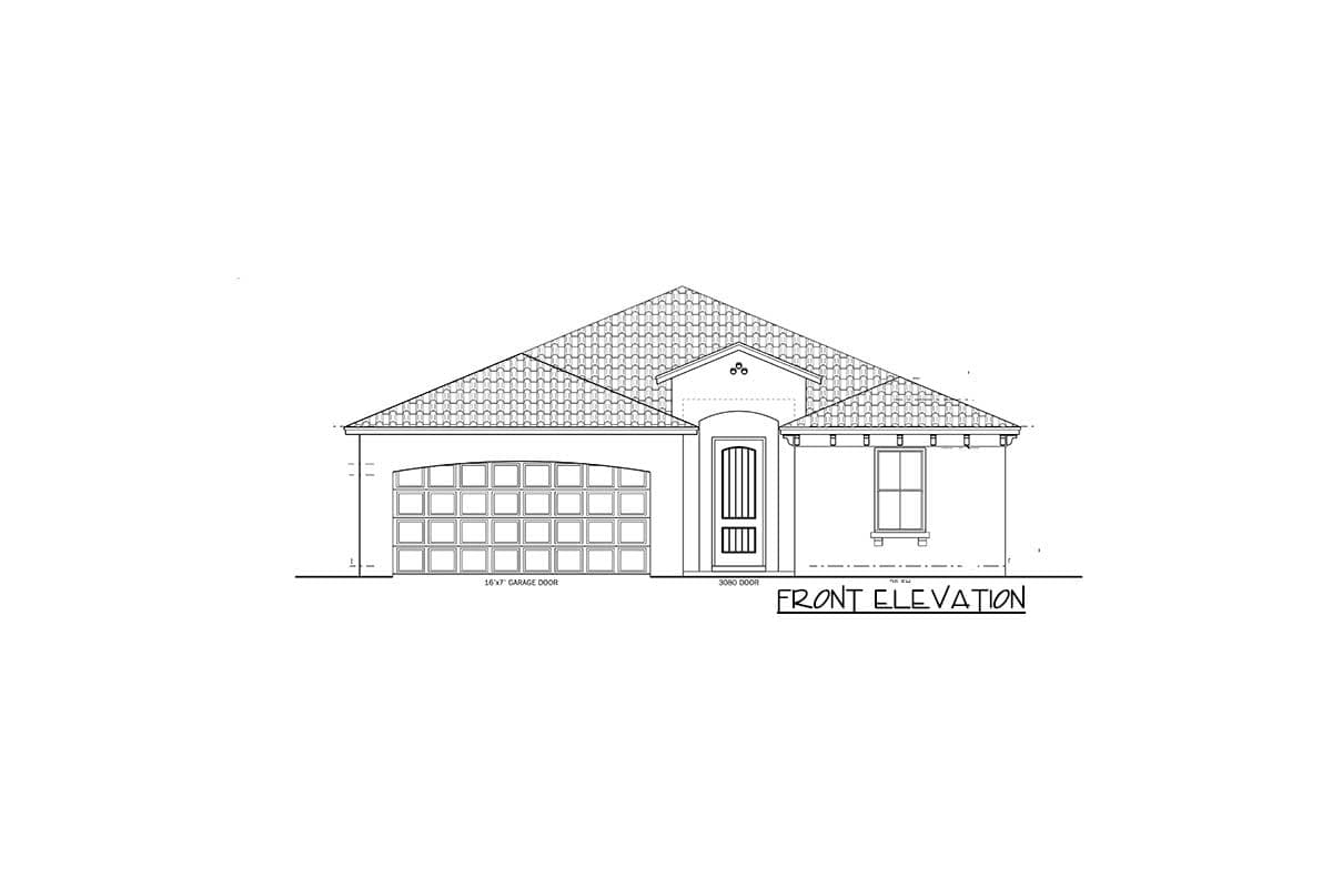 Front elevation drawing of a single-story house with a tiled roof, a two-car garage door, and a single front door.