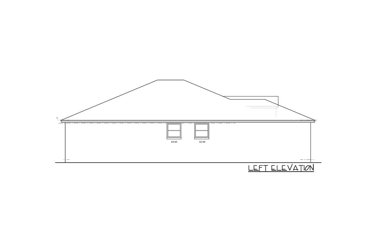 Left elevation drawing of a house plan showing two windows and a sloped roof.