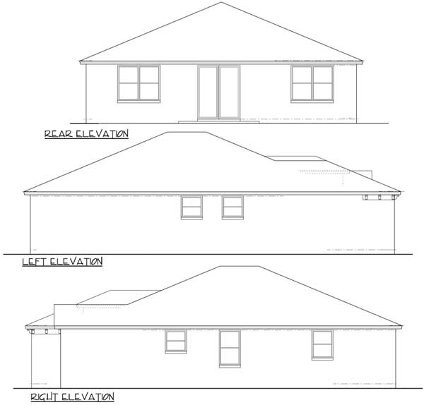 Rear, left, and right elevations of a single-story house plan featuring a hip roof and centered rear doors.