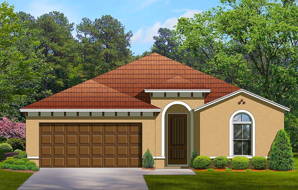 House plan exterior: Single-story stucco home with Spanish tile roof, attached two-car garage, arched entry, and a decorative arched window.