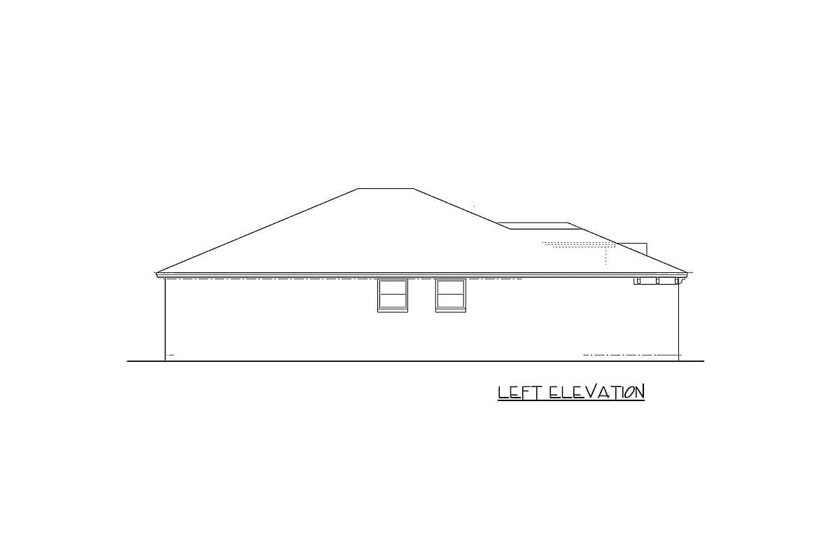 Left elevation drawing of a house plan, showing a sloped roofline and two windows.