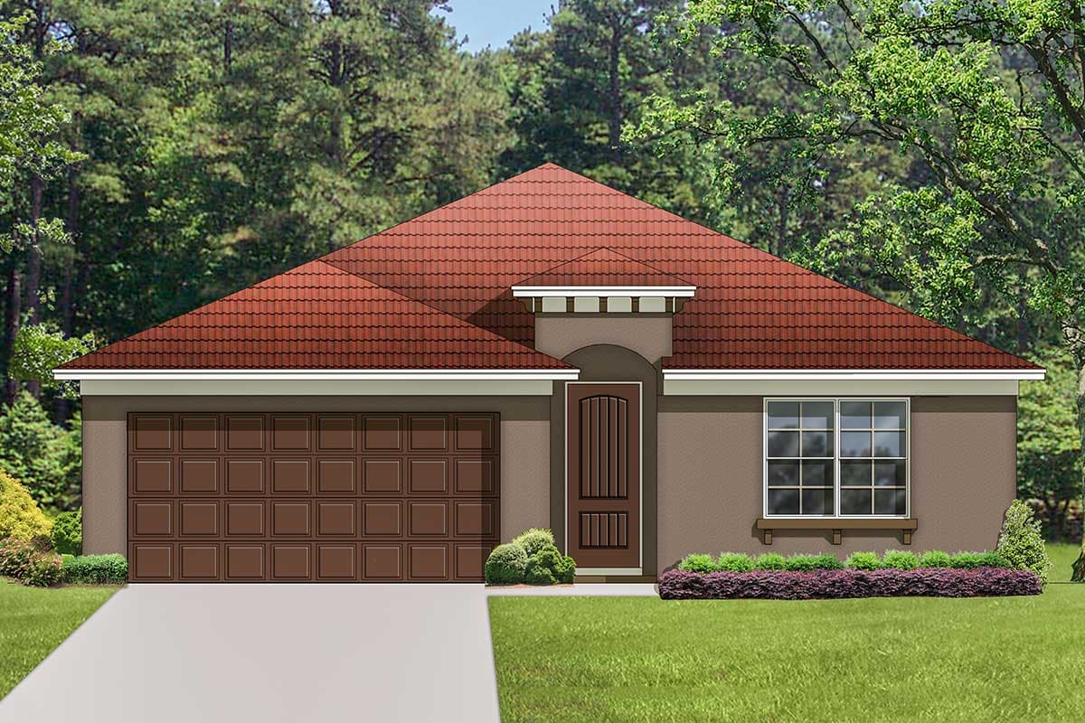 House plan exterior: one-story home with a red tile hip roof, attached two-car garage, arched entry, and multi-pane windows.