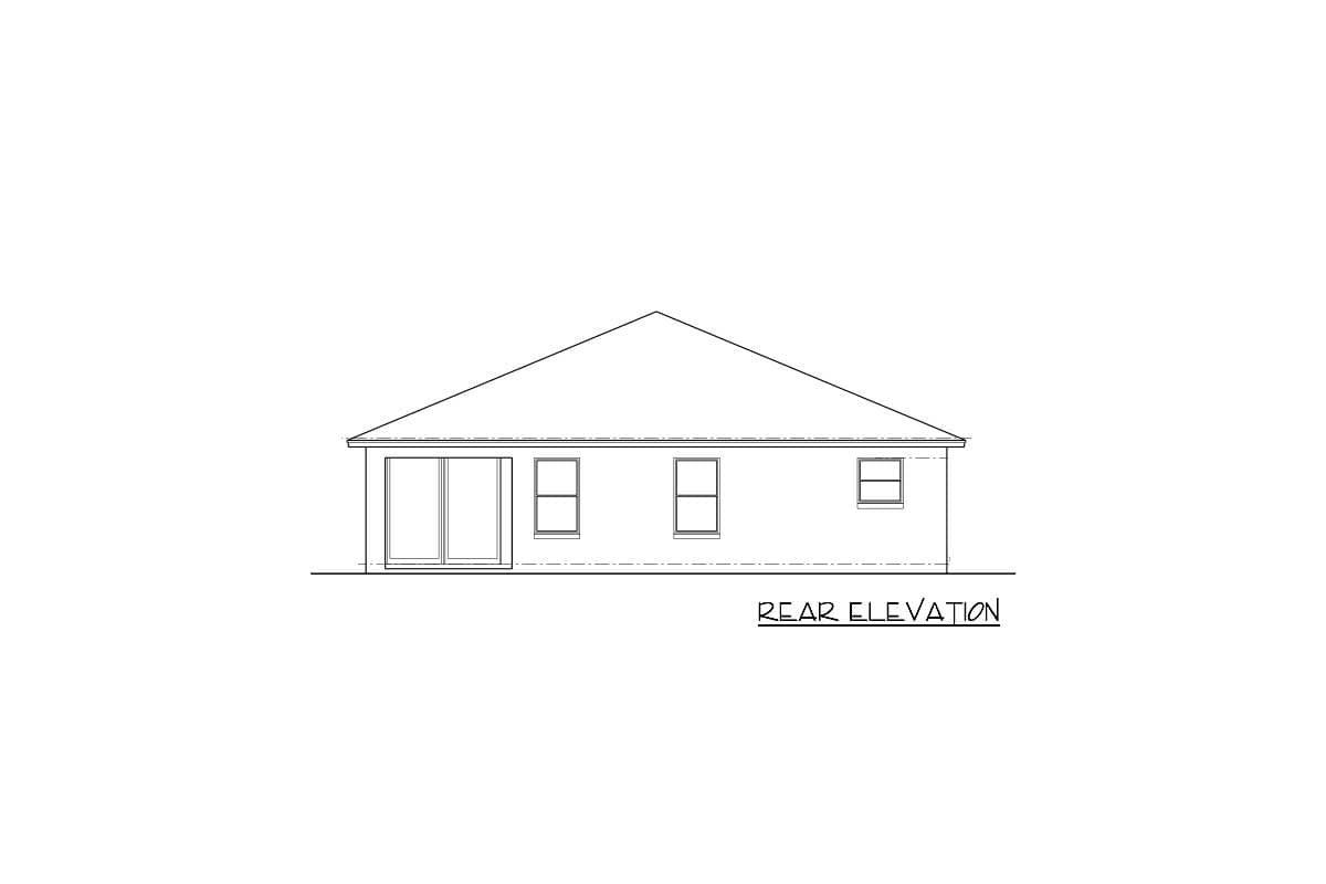 Rear elevation drawing of a house with sliding glass doors and three windows.