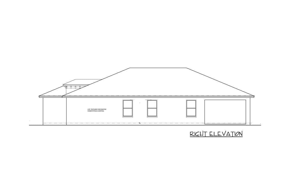 Right elevation drawing of a house plan, showing three windows and a garage door.