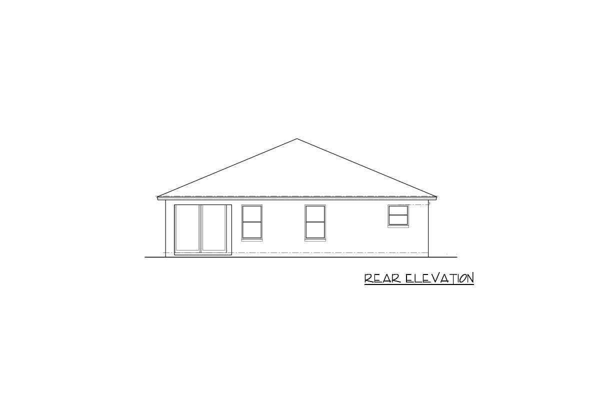 Rear elevation drawing of a single-story house with sliding glass doors and three windows.