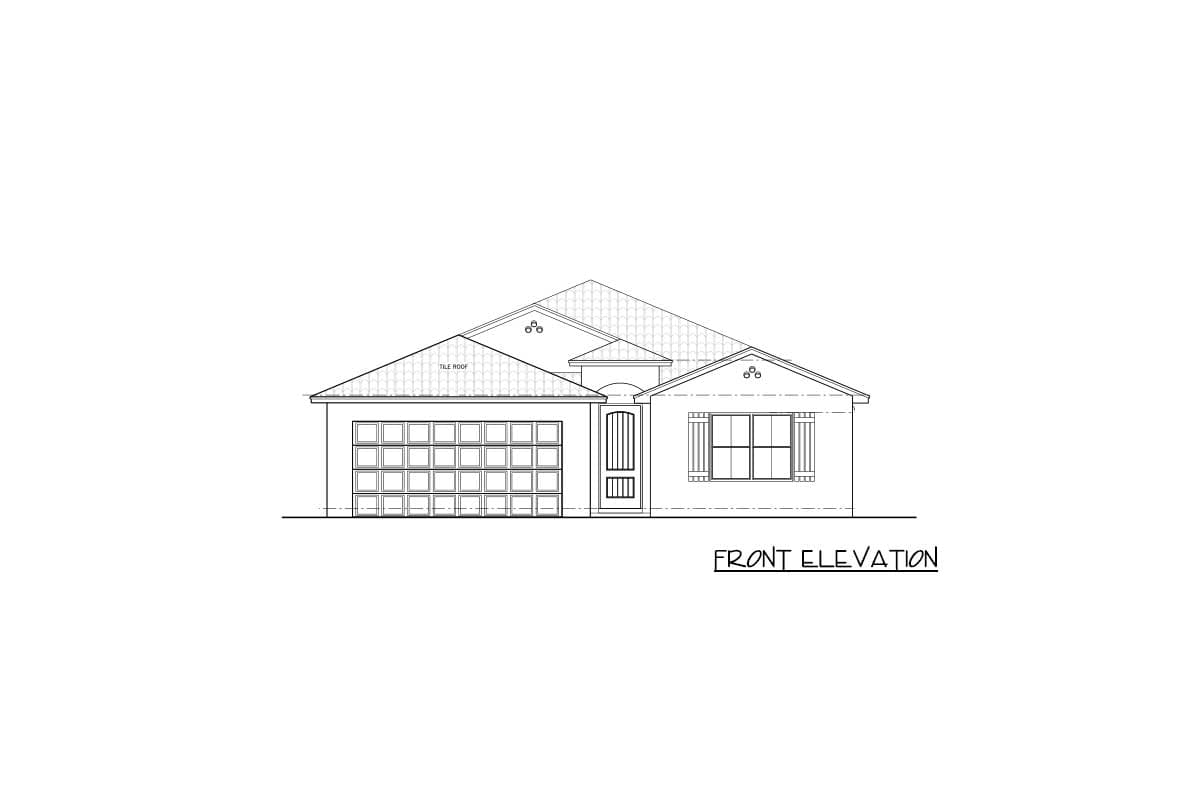 Front elevation drawing of a single-story house with a tile roof, attached garage, and a prominent gable.