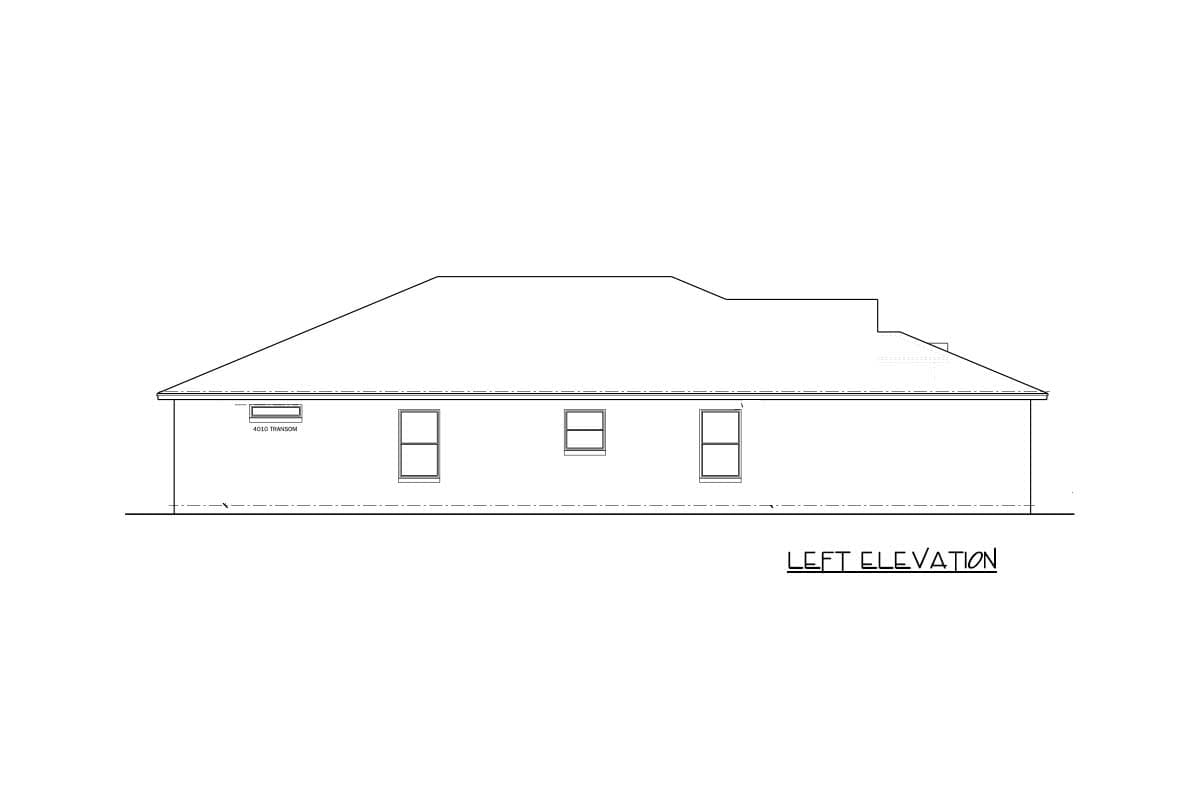 Left elevation house plan drawing showing a single-story home with a hip roof, three windows, and one transom window.