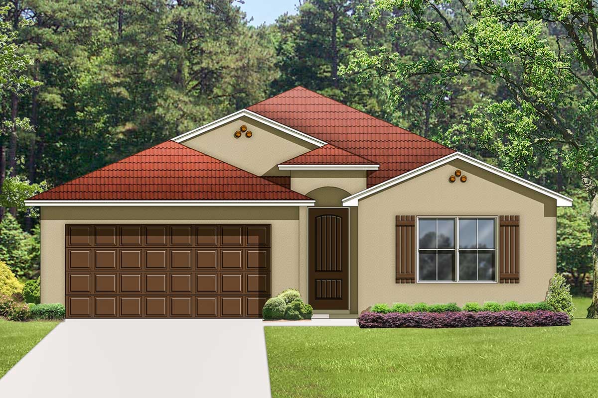 House plan exterior: Single-story Modern Farmhouse with a tiled hip roof, attached garage, and decorative shutters on the front-facing window.