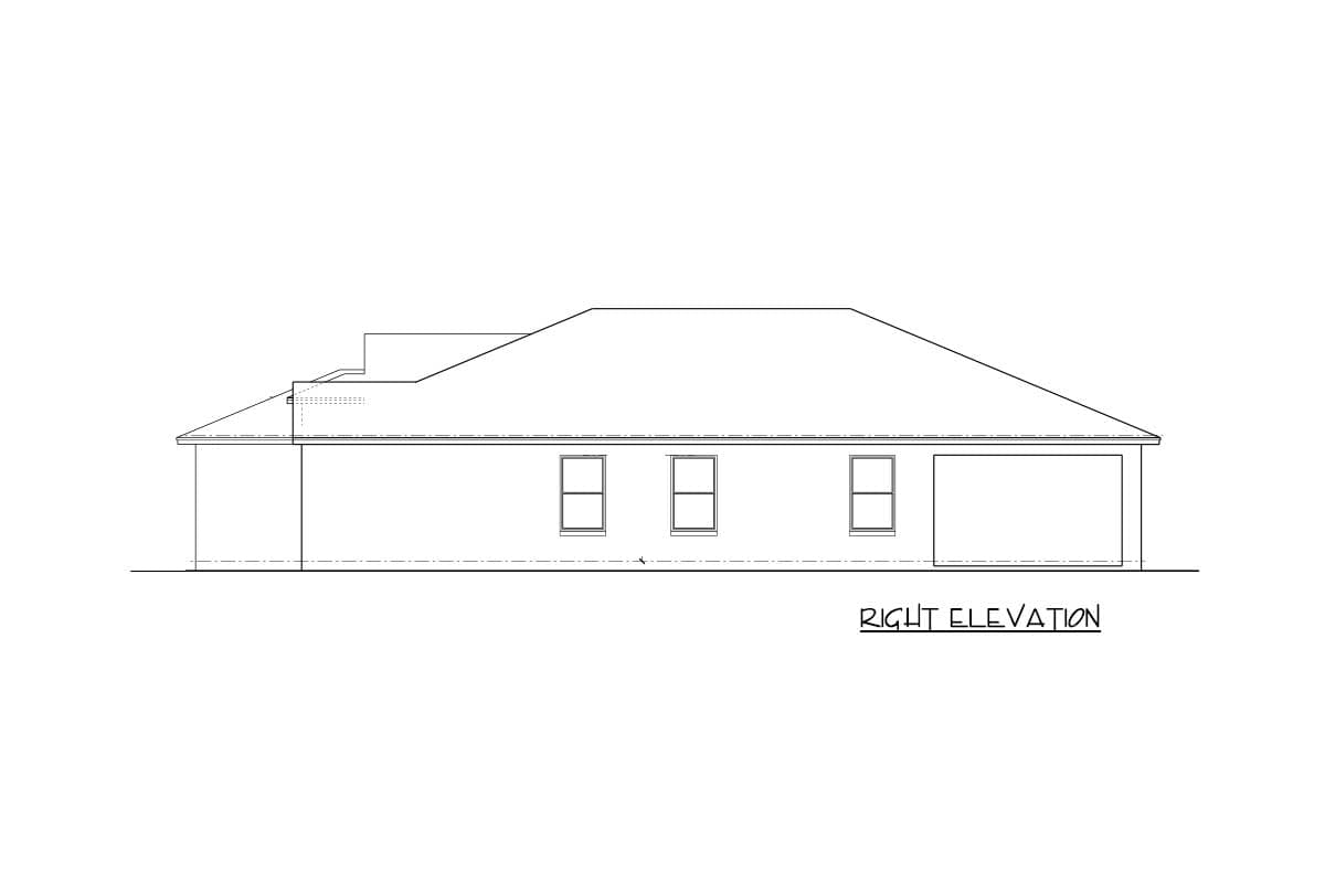 Right elevation drawing of a house plan showing a single story with hip roof, three windows, and an attached garage.