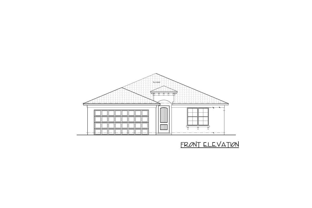 Front elevation drawing of a one-story house with a tile roof, attached garage, and covered entry.