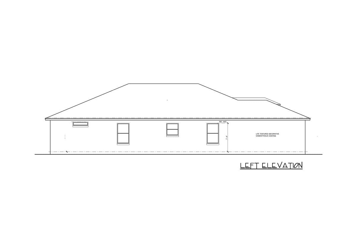 Left elevation house plan drawing showing a single-story structure with hip roof, multiple windows, and decorative cementitious coating.