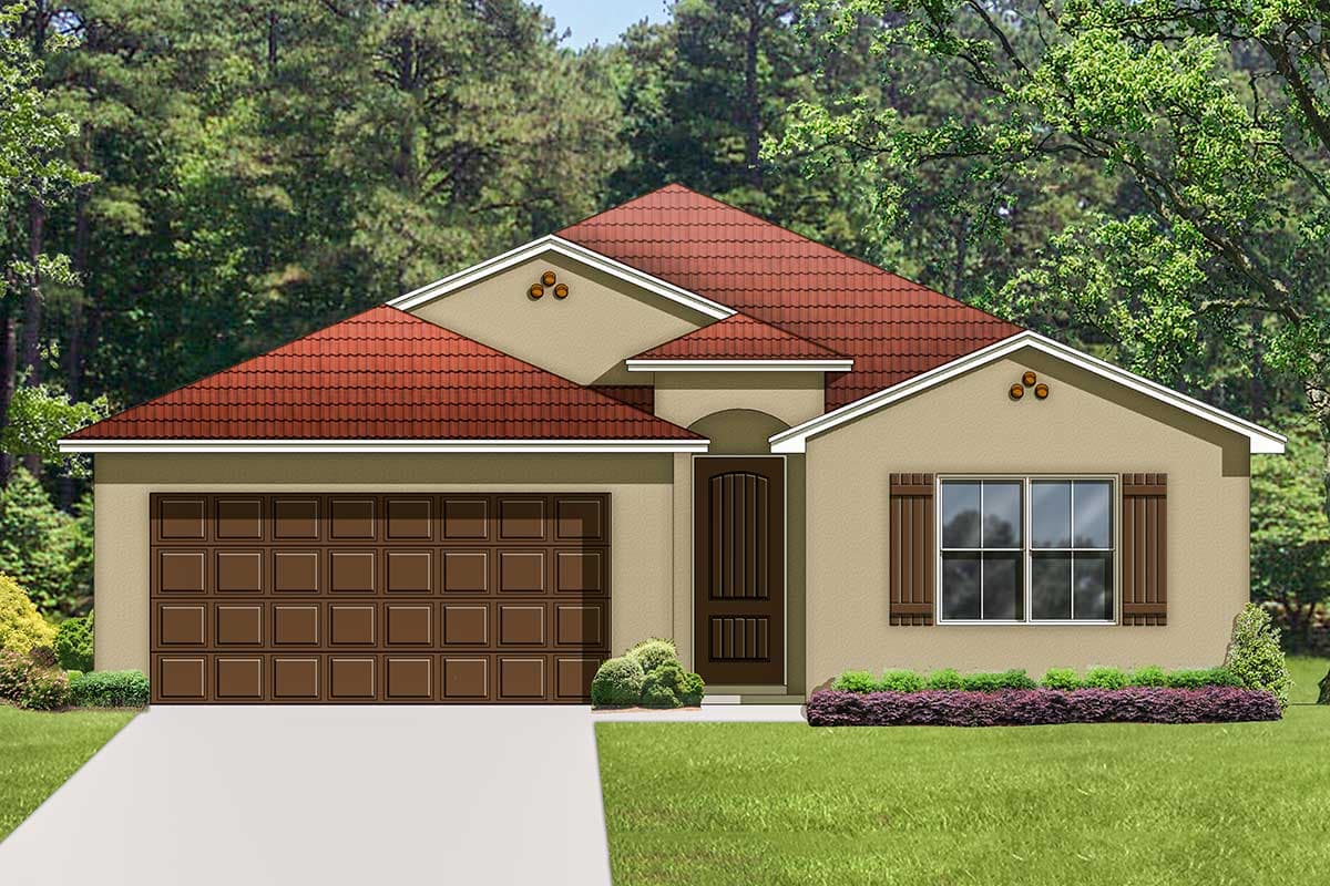 House plan exterior: single-story, stucco finish, attached garage, arched entry, and tile roof.