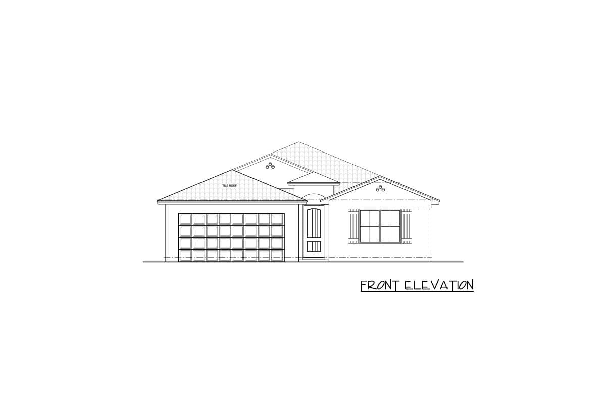 Front elevation drawing of a single-story house with a tile roof, attached garage, and a central entry with a window.