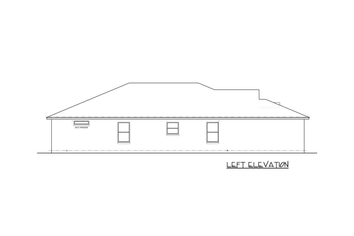 Left elevation drawing of a house plan showing three windows and one transom window.