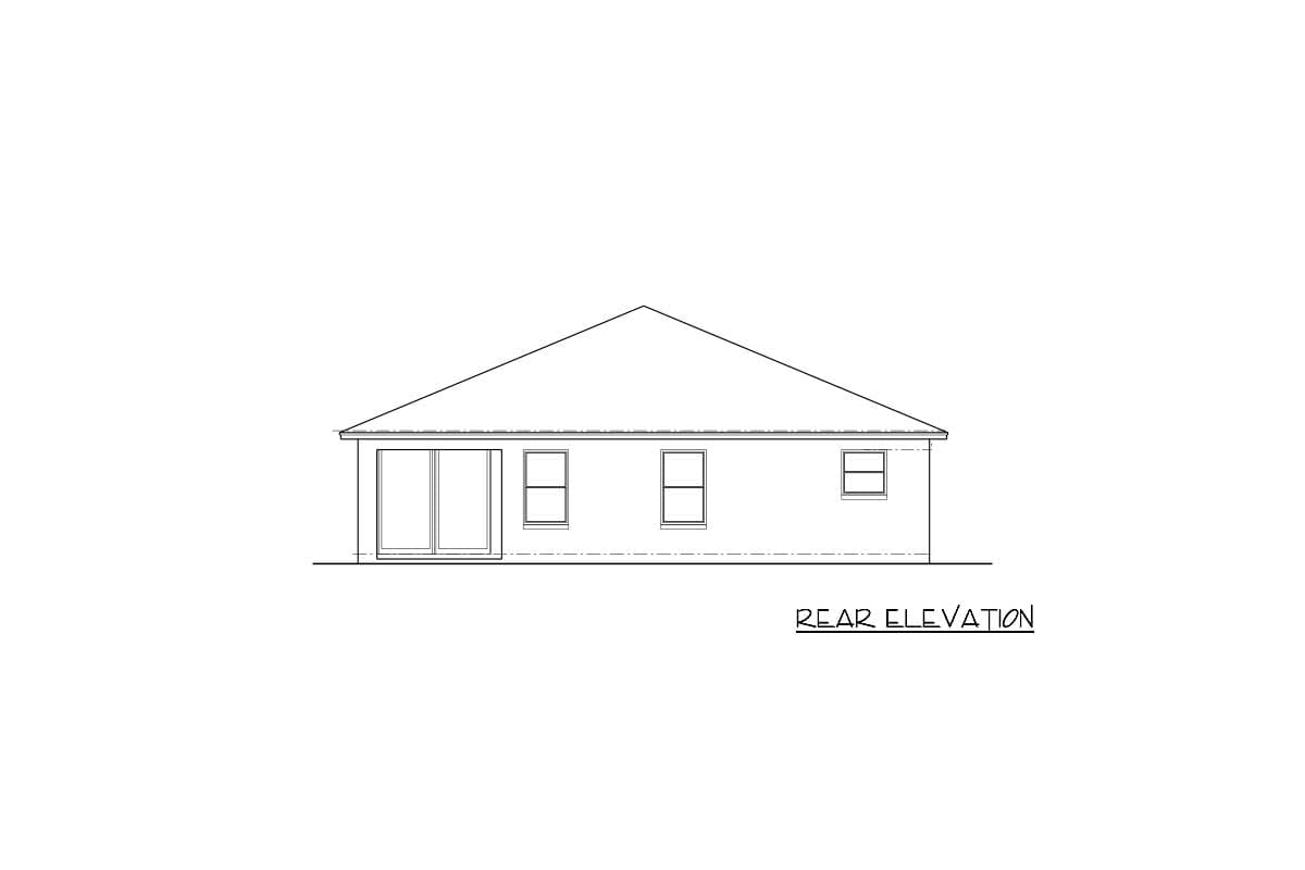 Rear elevation house plan showing a house with a gable roof, sliding glass doors, and three windows.