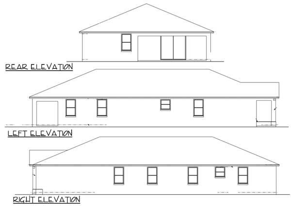 Rear, left, and right elevations of a one-story house plan with a prominent rear sliding glass door and attached garage.