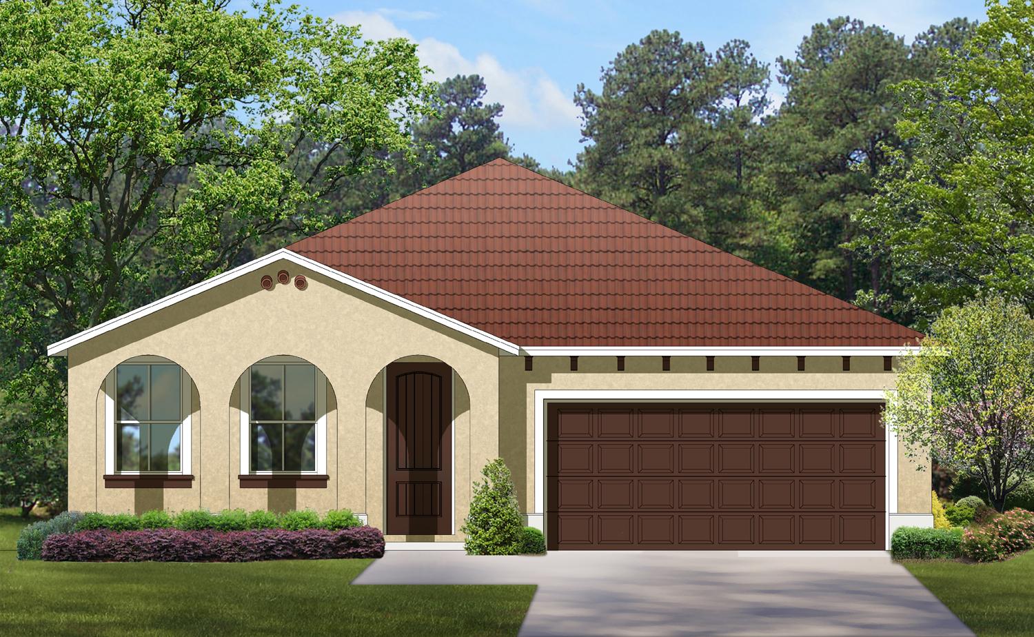 House plan exterior: Ranch style, single story, arched windows, tiled roof, and two-car garage.