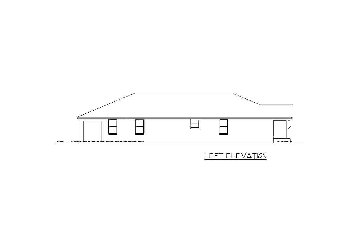 Left elevation drawing of a one-story house plan with a hip roof, garage, and four windows.