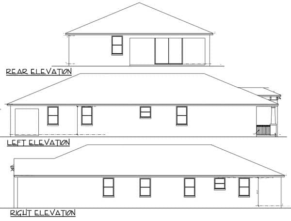 Rear, left, and right elevation drawings of a single-story house plan with a porch and garage.