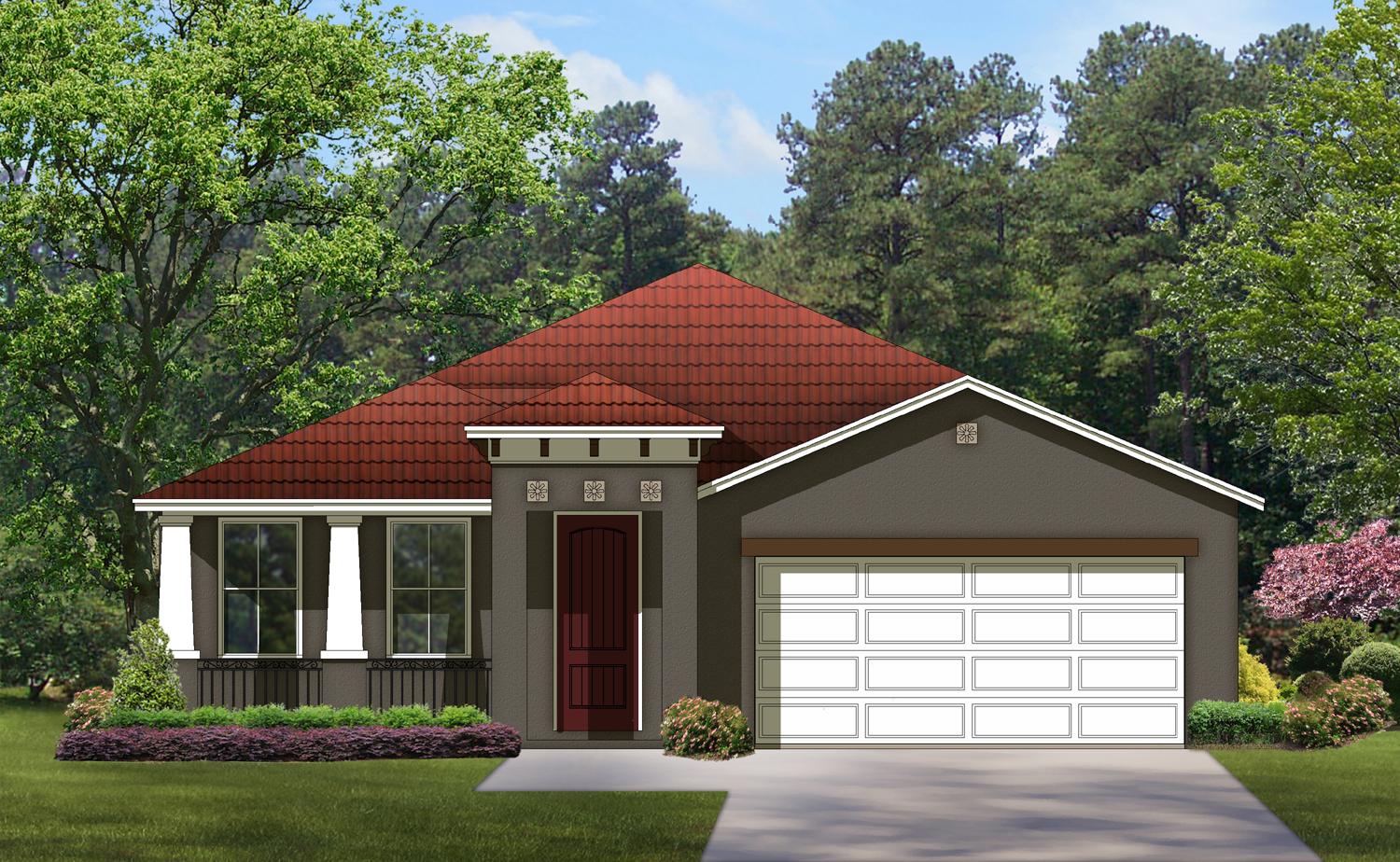 House plan exterior: One-story home with a tiled hip roof, prominent entry with a dark wood door, two windows with shutters, and a two-car garage.