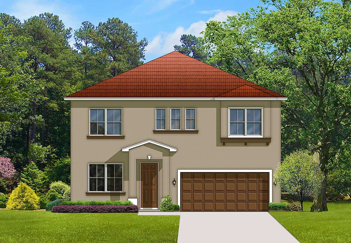 House plan exterior: Two-story home with a tiled hip roof, arched entry portico, and a two-car garage.