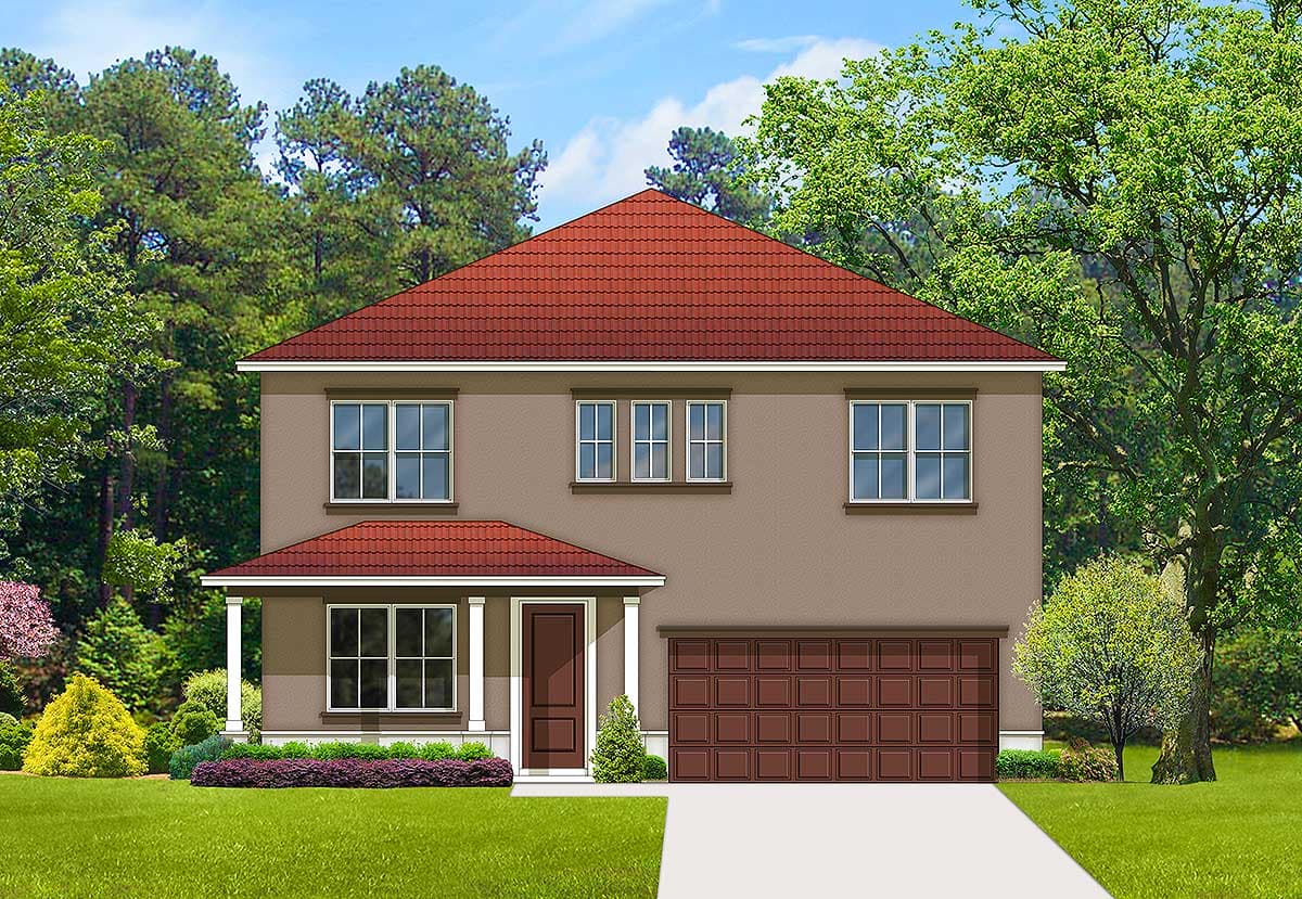 Two-story house plan exterior with red tile roof, covered entry porch, and attached two-car garage.