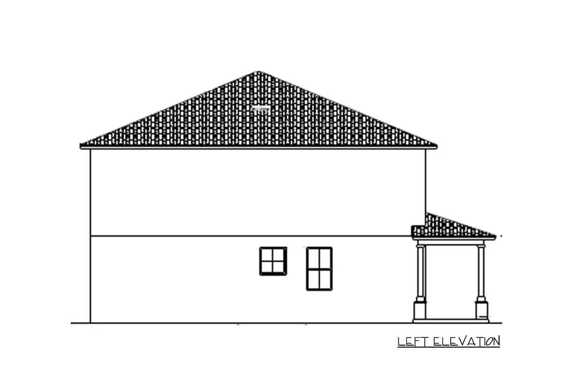 Left elevation drawing of a two-story house plan with a tiled hip roof, two windows, and a covered porch with columns.