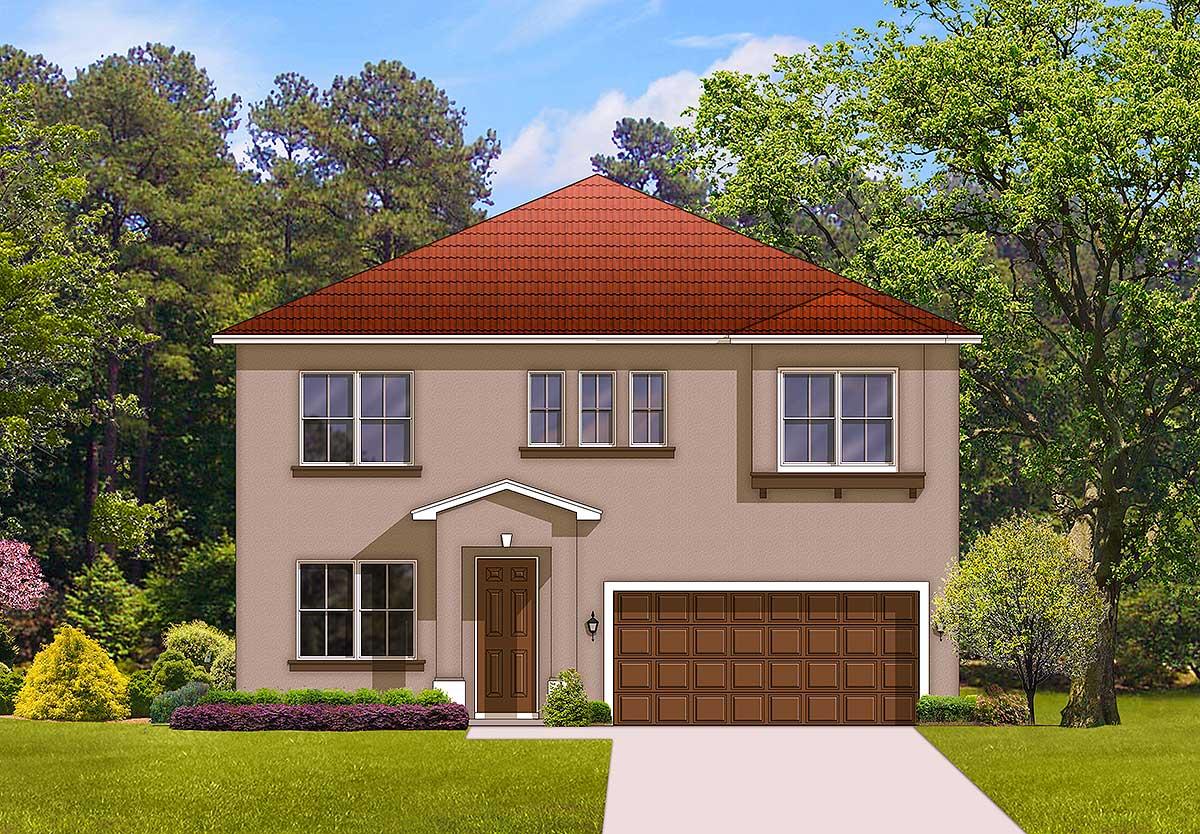 Two-story house plan exterior with a red tile roof, central entrance, and a two-car garage.