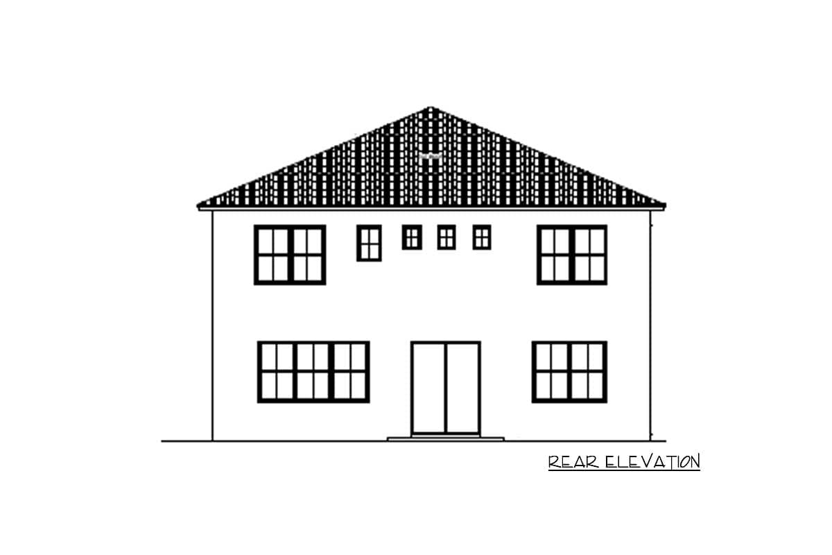 Rear elevation drawing of a two-story house with a gabled roof, prominent windows, and double doors.