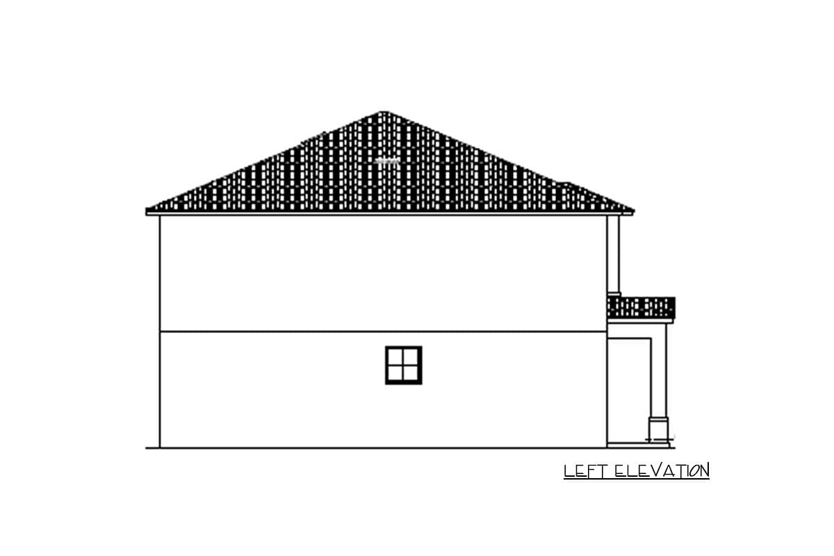 Left elevation drawing of a two-story house plan with a pitched roof, a small window, and a covered porch with a balcony.