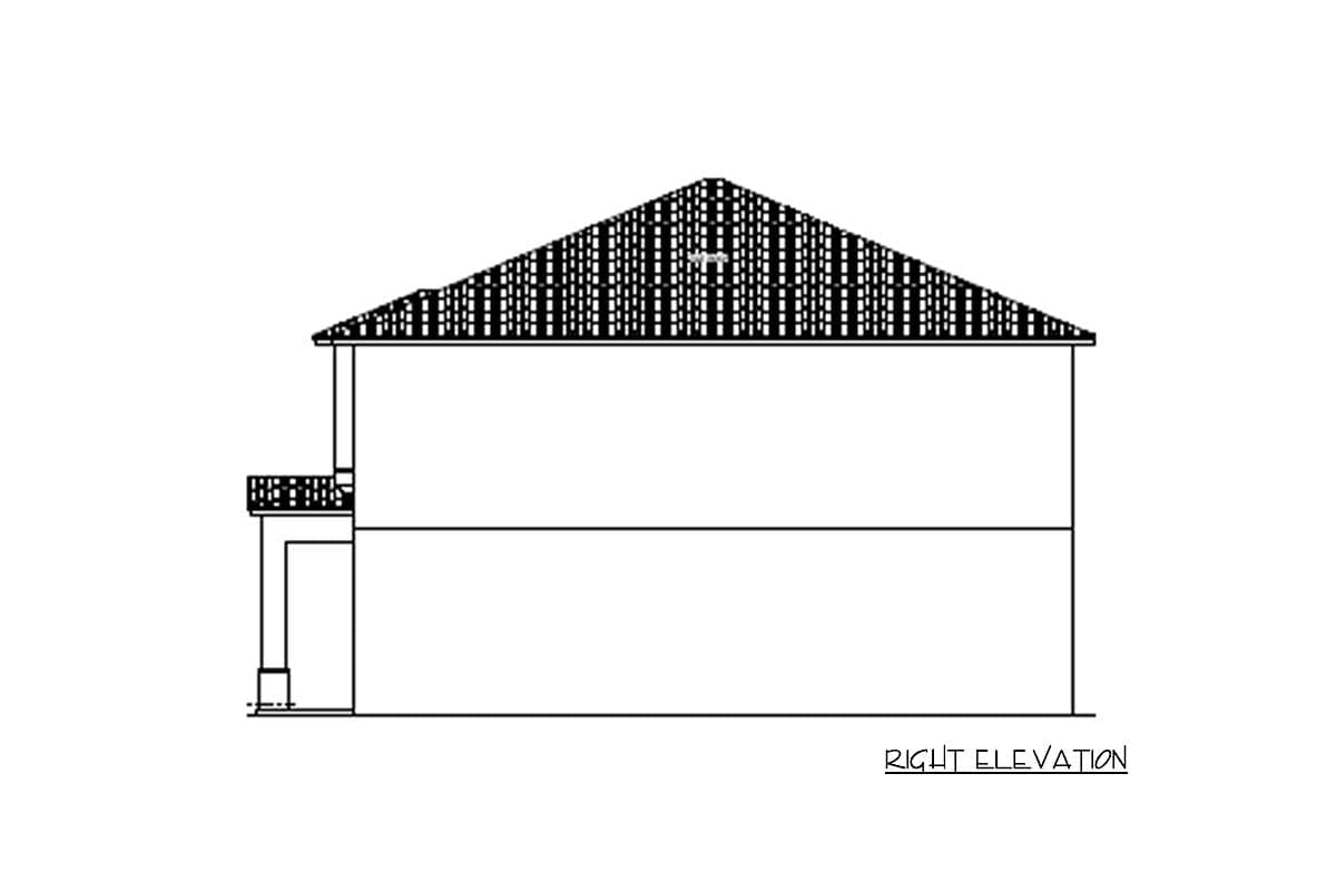Right elevation drawing of a two-story house plan featuring a hipped roof and a covered entry with a balcony.